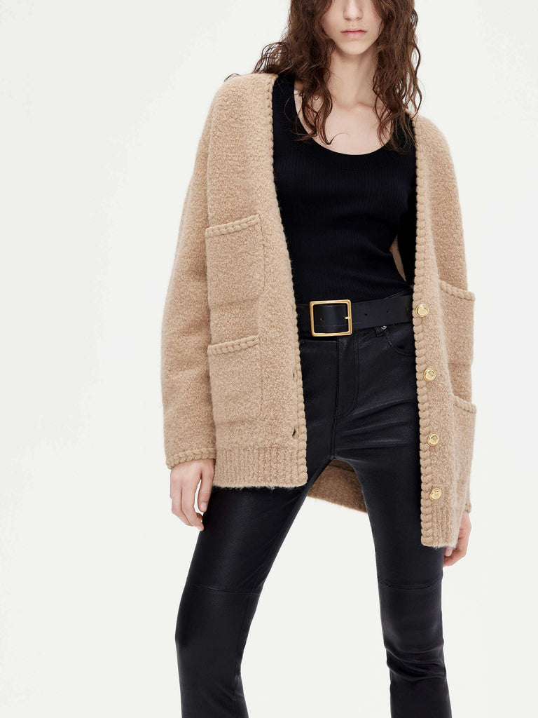 MO&Co. Women's Boucle Loose Fit V Neck Premium Alpaca & Wool Knitted Cardigan in Camel
