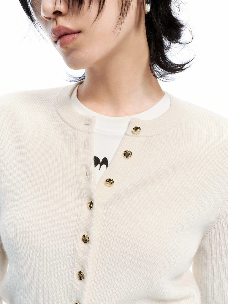 MO&Co. Women's Crew Neck Cardigan Sweater in Wool-Cashmere Timeless White