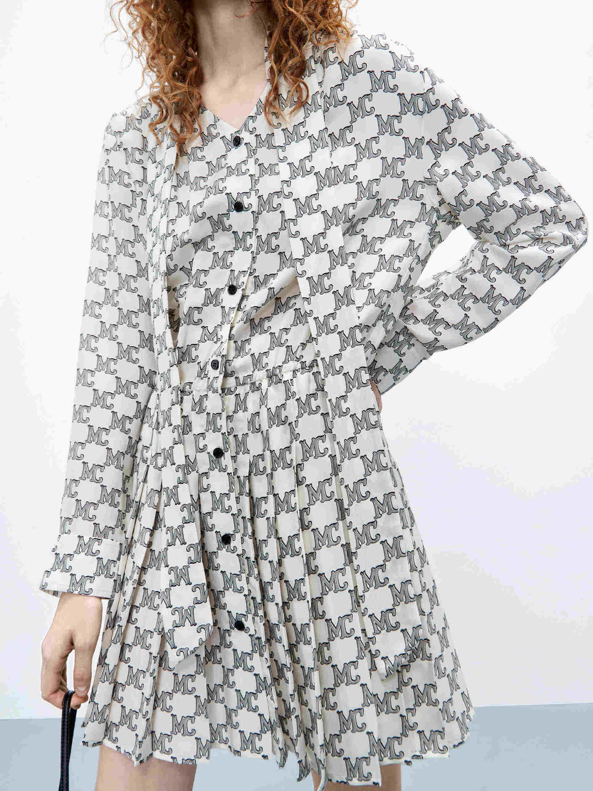 MO&Co. Women's Long-sleeved Tie Detail Monogram Shirt Dress