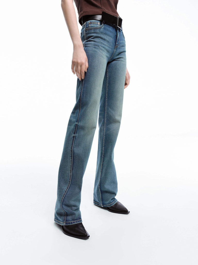 MO&Co. Women's Vintage Blue Cotton Wide Leg Straight Jeans