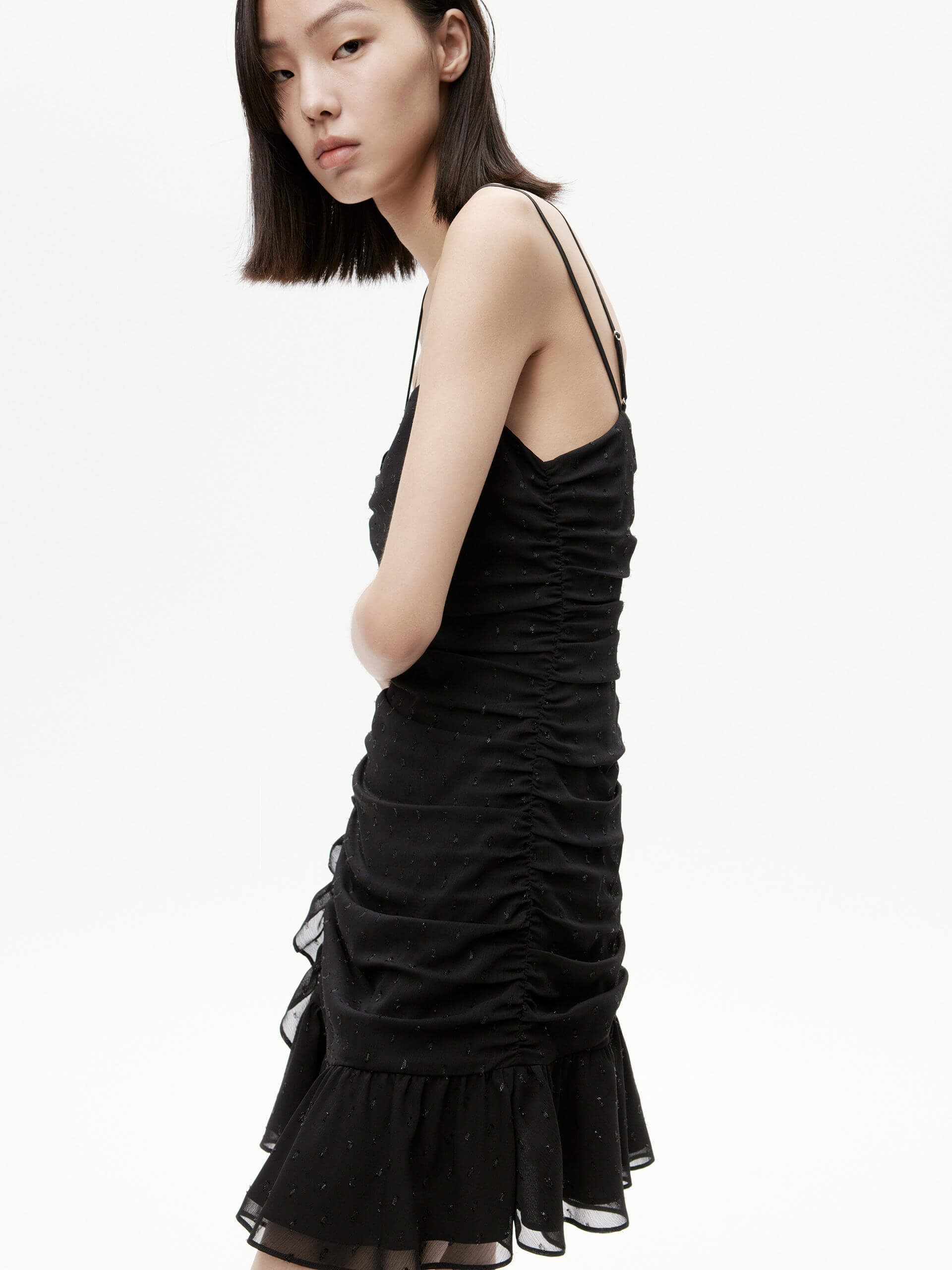 MO&Co. Women's Black Pleated Detail Ruffle Cami Dress in Mini Length