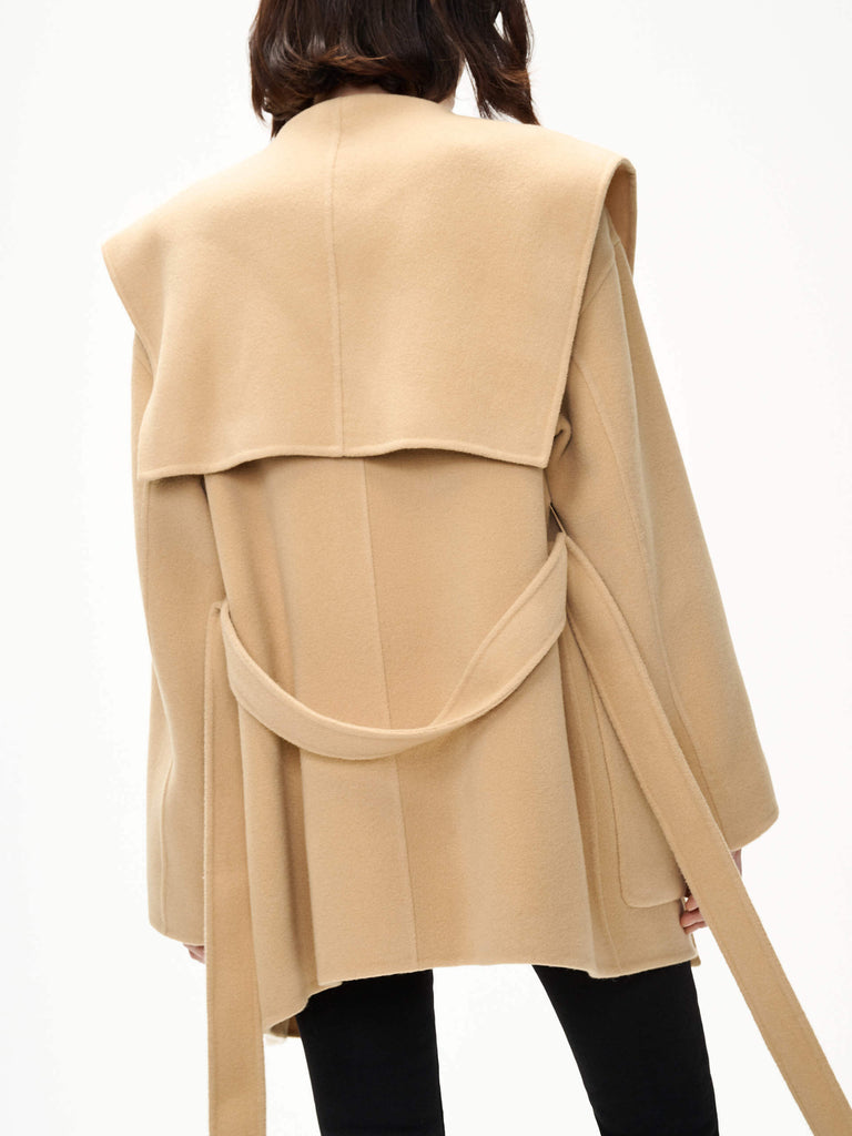 MO&Co. Women's Wide Collar Double Faced Wool Short Coat with Belt in Camel