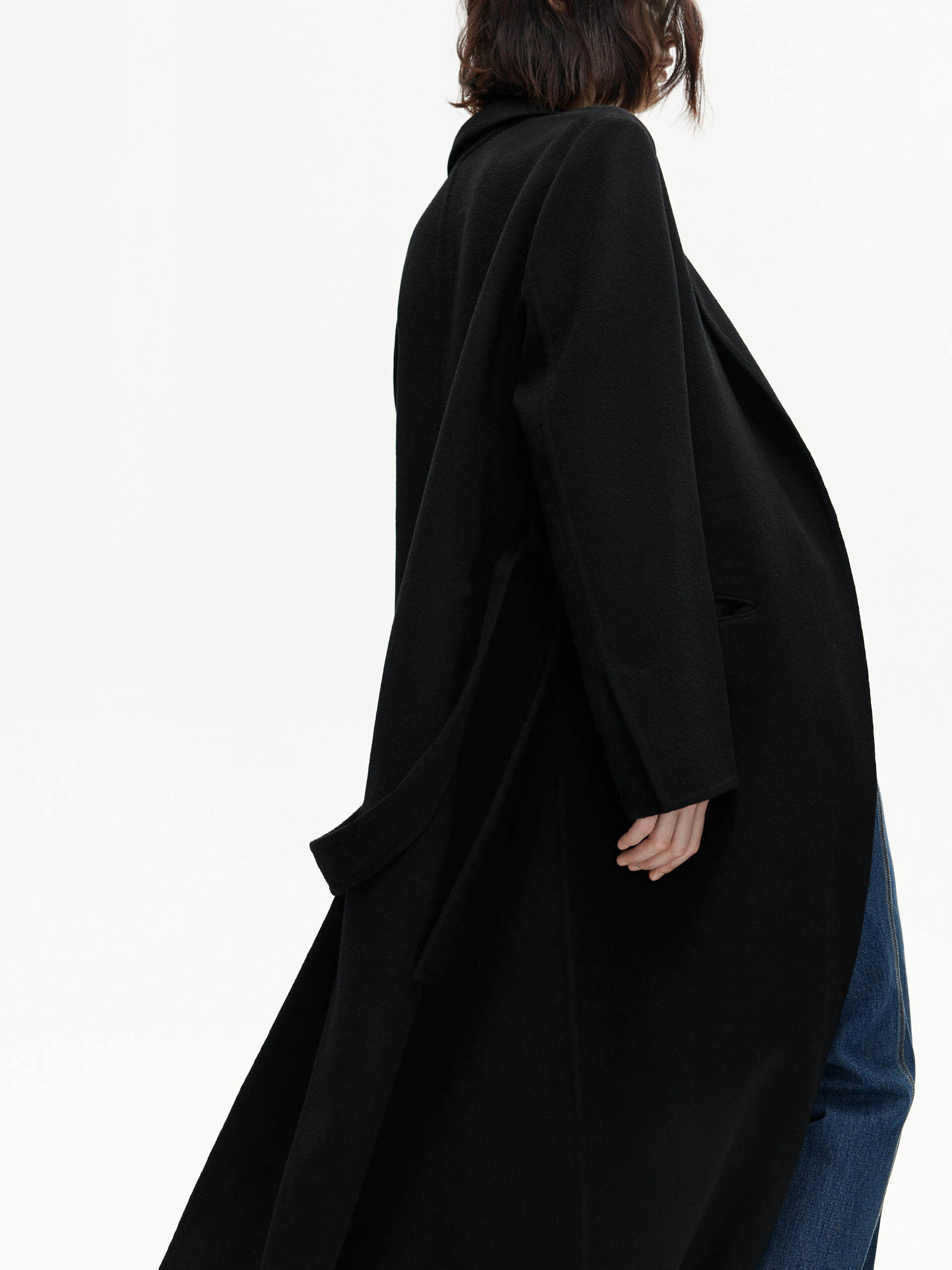 MO&Co. Women's Black Belted Double Faced Wool Long Coat 