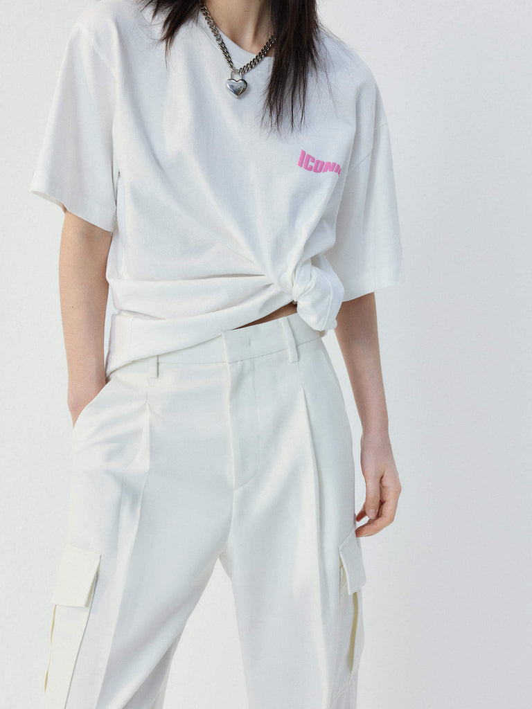 MO&Co. Women's Drop Shoulder Cotton Short Sleeves T-shirt in White