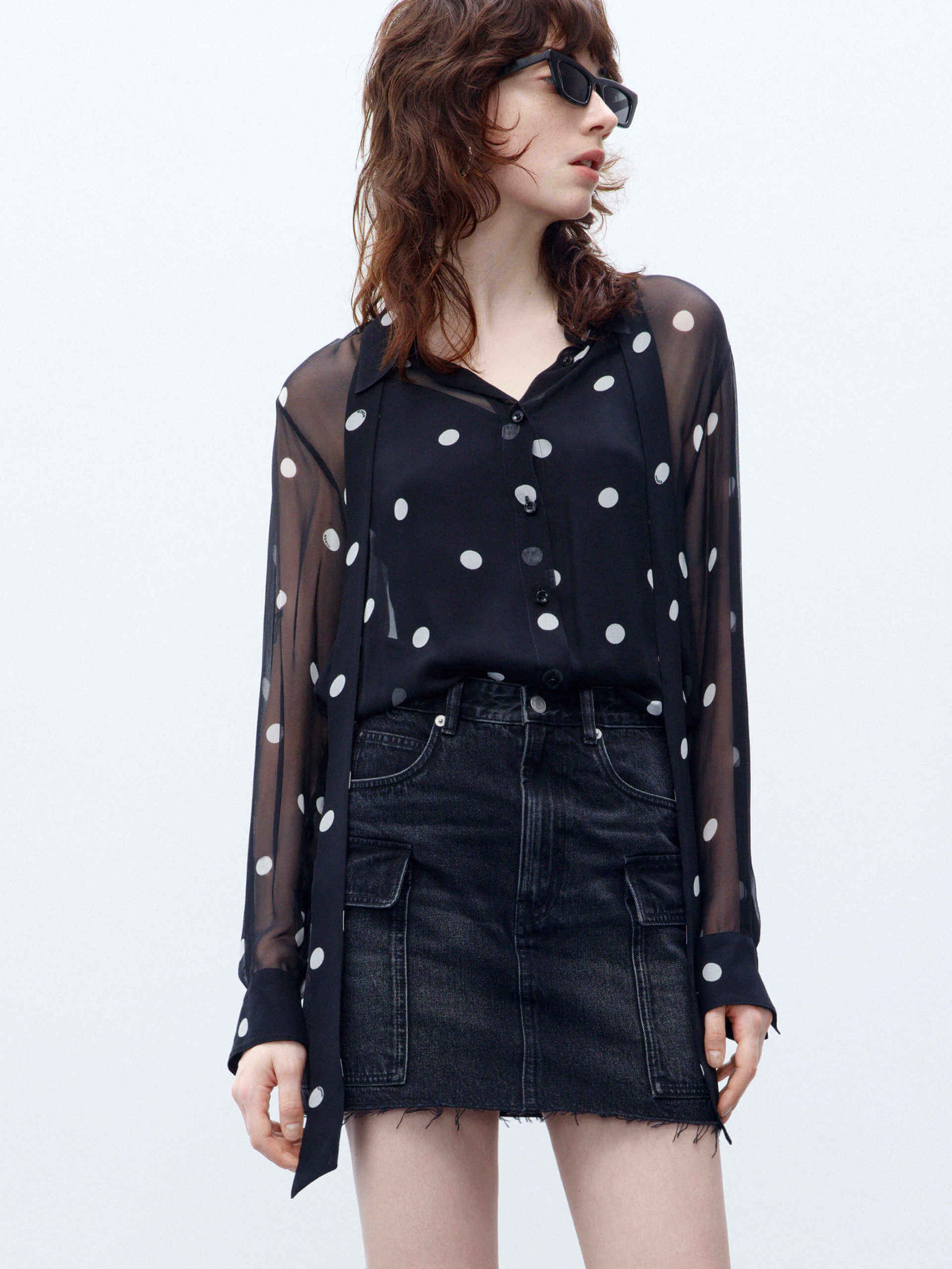 MO&Co. Women's Tie Detail Polka Dot Sheer Blouse in Black