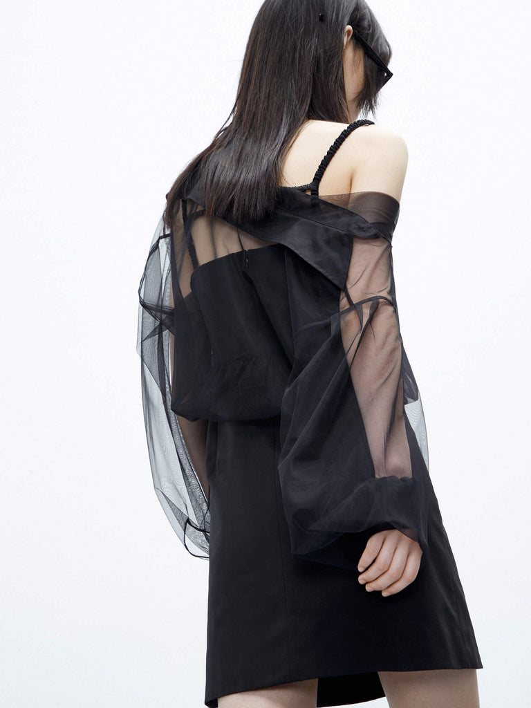 MO&Co. Women's Tulle Layered Details Long Sleeve Black Mini Dress