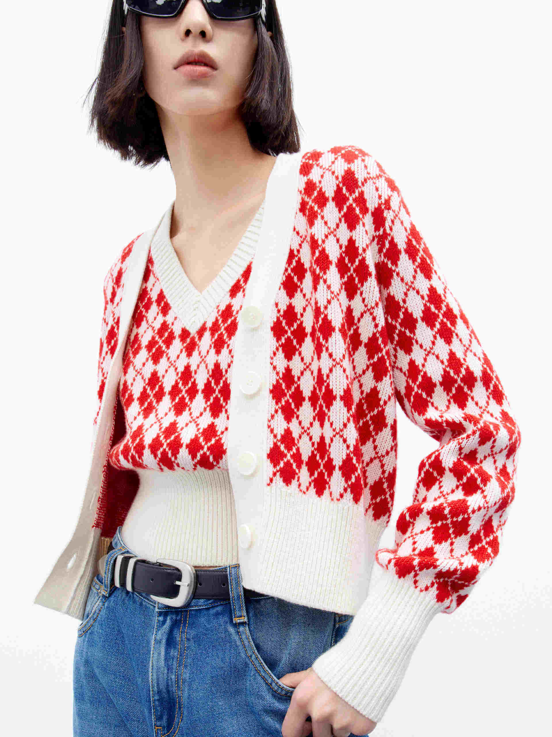 MO&Co. Women's Argyle Checkered Wool Blend Cropped Knit Cardigan in Red and White