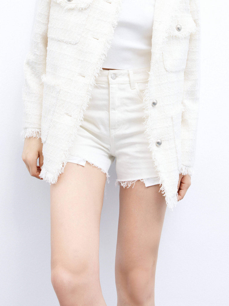 MO&Co. Women's Mid-rise Raw Hem Cotton Denim Shorts in White