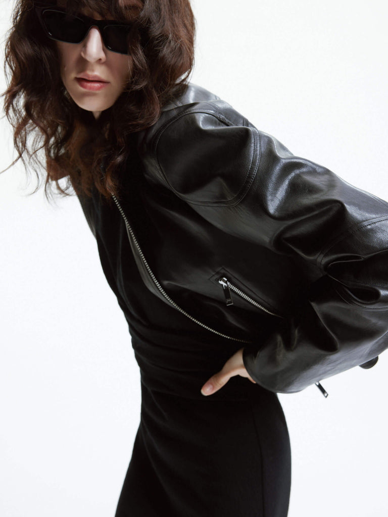 MO&Co. Women's Cropped Faux Leather Biker Jacket Black