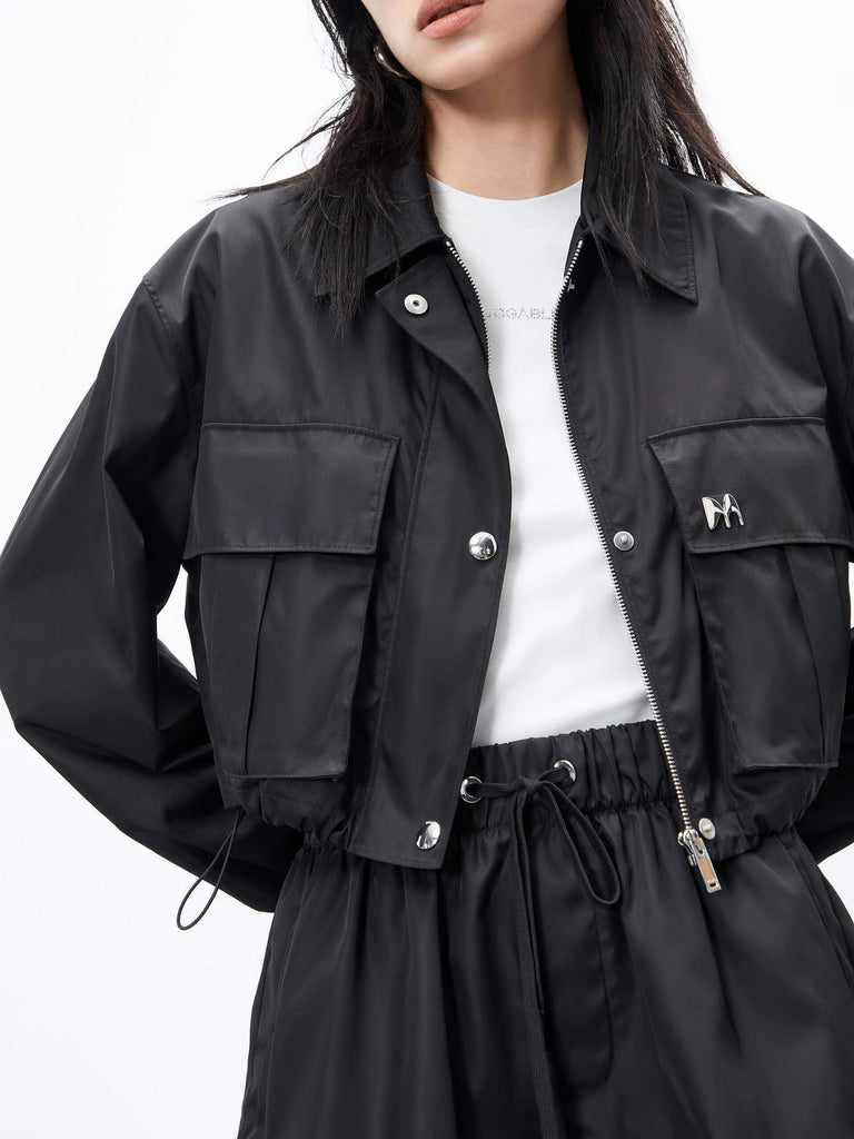 MO&Co. Women's Black Flat Pocket Drawstring Hem Crop Jacket