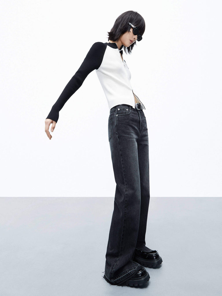 MO&Co. Women's Two Tone Raglan Sleeve Zip Up Knit Sweater Cardigan in White