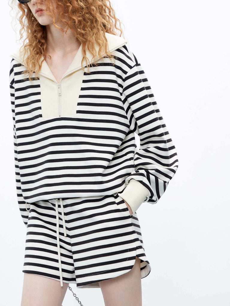 MO&Co. Women's Striped Half Zip Pullover Sweatshirt in Black and White