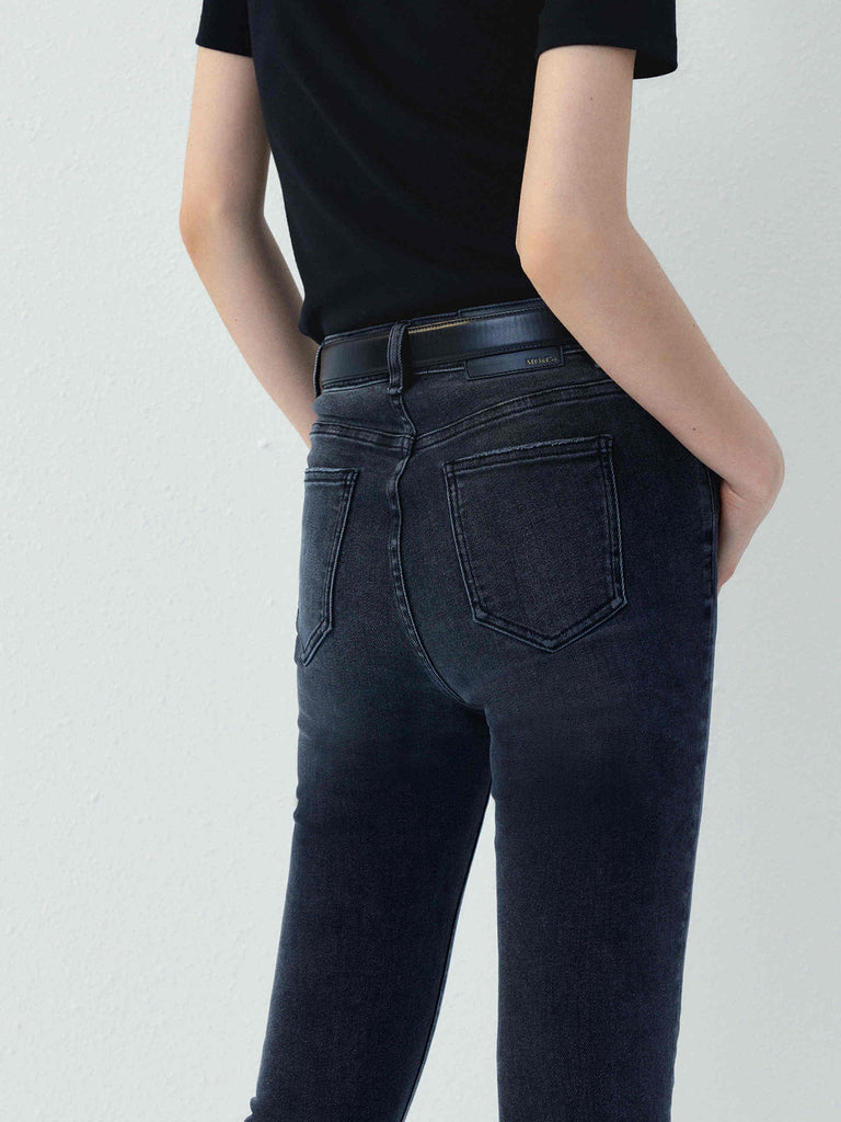 MO&Co. Women's High Waist Skinny Jeans with Raw Hem in Washed Black