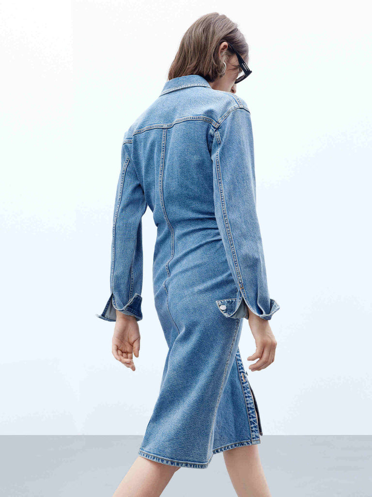 MO&Co. Women's Long Sleeve Side Pleated Slim Fit Midi Blue Denim Dress