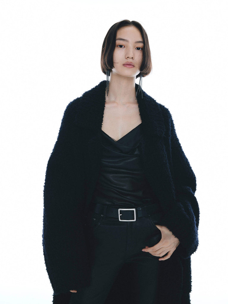 MO&Co. Noir Collection Women's Fuzzy Wool Blend Long Knitted Cardigan in Black with Peak Lapels