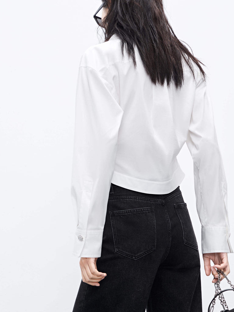 MO&Co. Women's White Long Sleeves Crop Cotton Blend Blouse