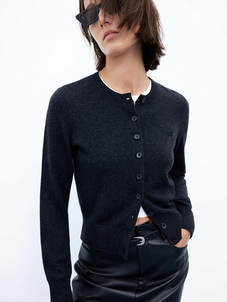 MO&Co. Women's Regular Fit Knitted Crew Neck Basic Cardigan in Black