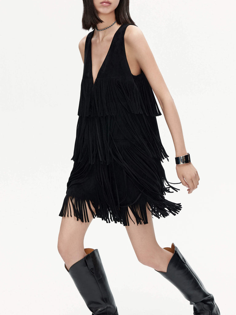 MO&Co. Women's Suede Black Fringed Detail Mini Dress in V neck and Sleeveless