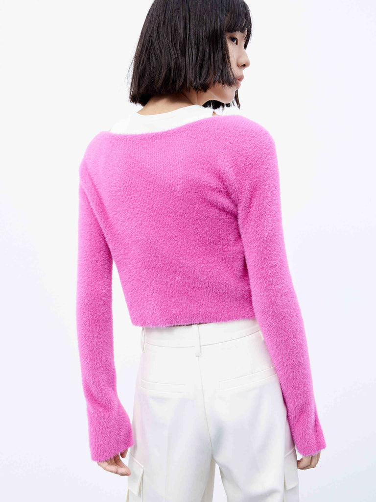 MO&Co. Women's Pink Soft Fluffy Knitted Cardigan Set with Tank Top