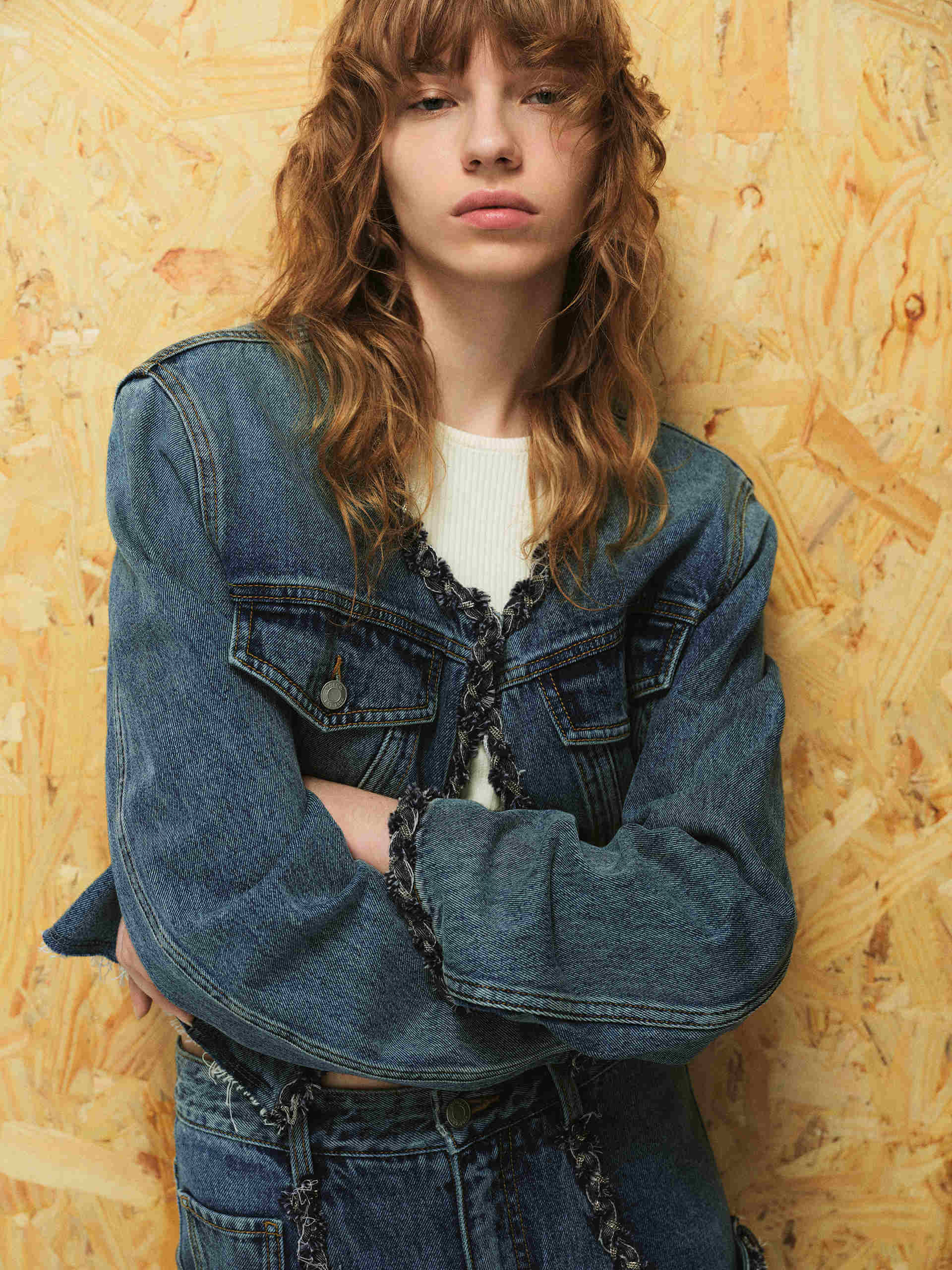 EWIDNY Women's Retro Denim Jacket - Collarless Crop Jean Coat Long Sleeve