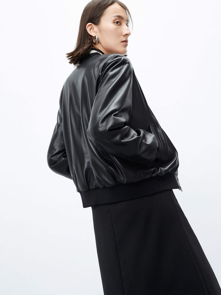 MO&Co. Women's Black Faux Leather Bomber Jacket with Contrast ribbed trims