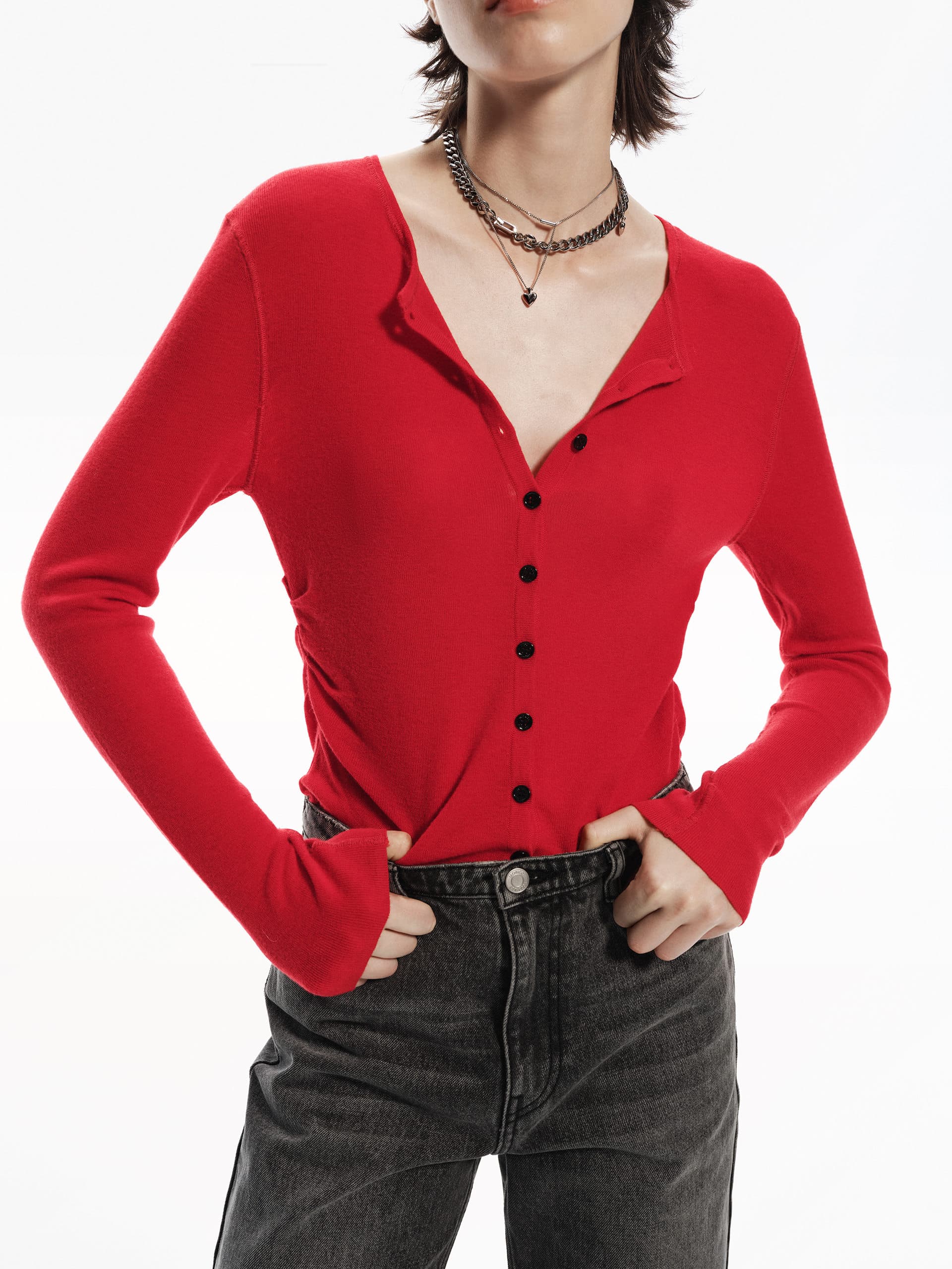 MO&Co. Women's Pure Merino Wool Round Neck Long Sleeve Knit Cardigan in Red