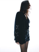 MO&Co. Noir Women's Oversized V Neck Textured Cardigan Black with Star Sequins