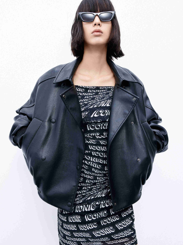 MO&Co. Women's Black Zip Up Faux Leather Oversized Bomber Jacket