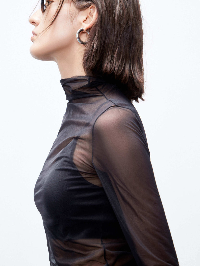 MO&Co. Women's Black Sheer Tulle Long Sleeve Mesh Top Regular Fit