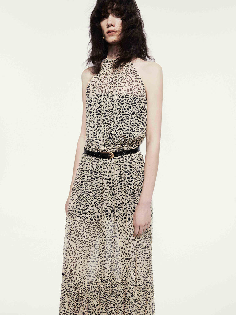 MO&Co. Noir Women's Leopard Print Silk Maxi Dress. Crafted from smooth silk, this dress features a halter neck, elastic waist, and cutout back design for comfort and style.