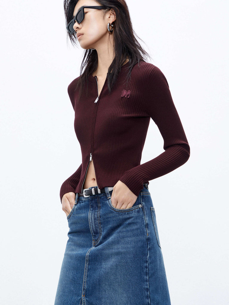MO&Co. Women's Burgundy Ribbed Slim Fit Long Sleeves Zip-up Cardigan