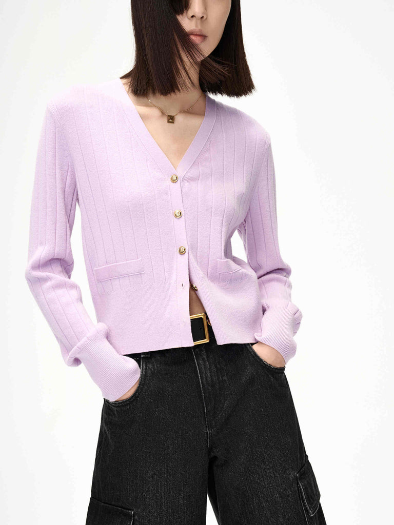 MO&Co. Women's Wool Cashmere Ribbed V Neck Cardigan Short in Purple