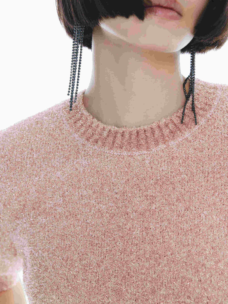 MO&Co. Noir Women's Ribbed Trim Short Sleeves Pullover Sweater in Light Pink with Metallic Fiber