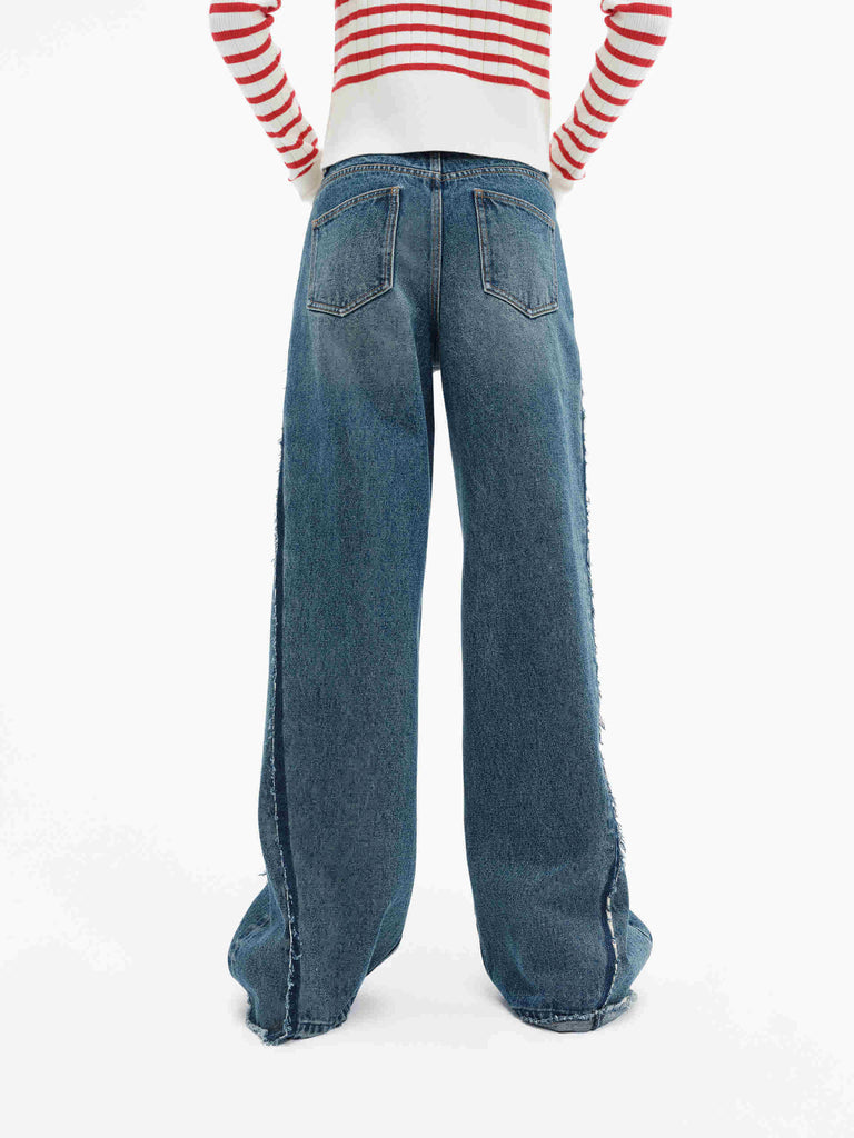 MO&Co. Women's Raw Trim Detail Cotton Wide Leg Jeans in Blue
