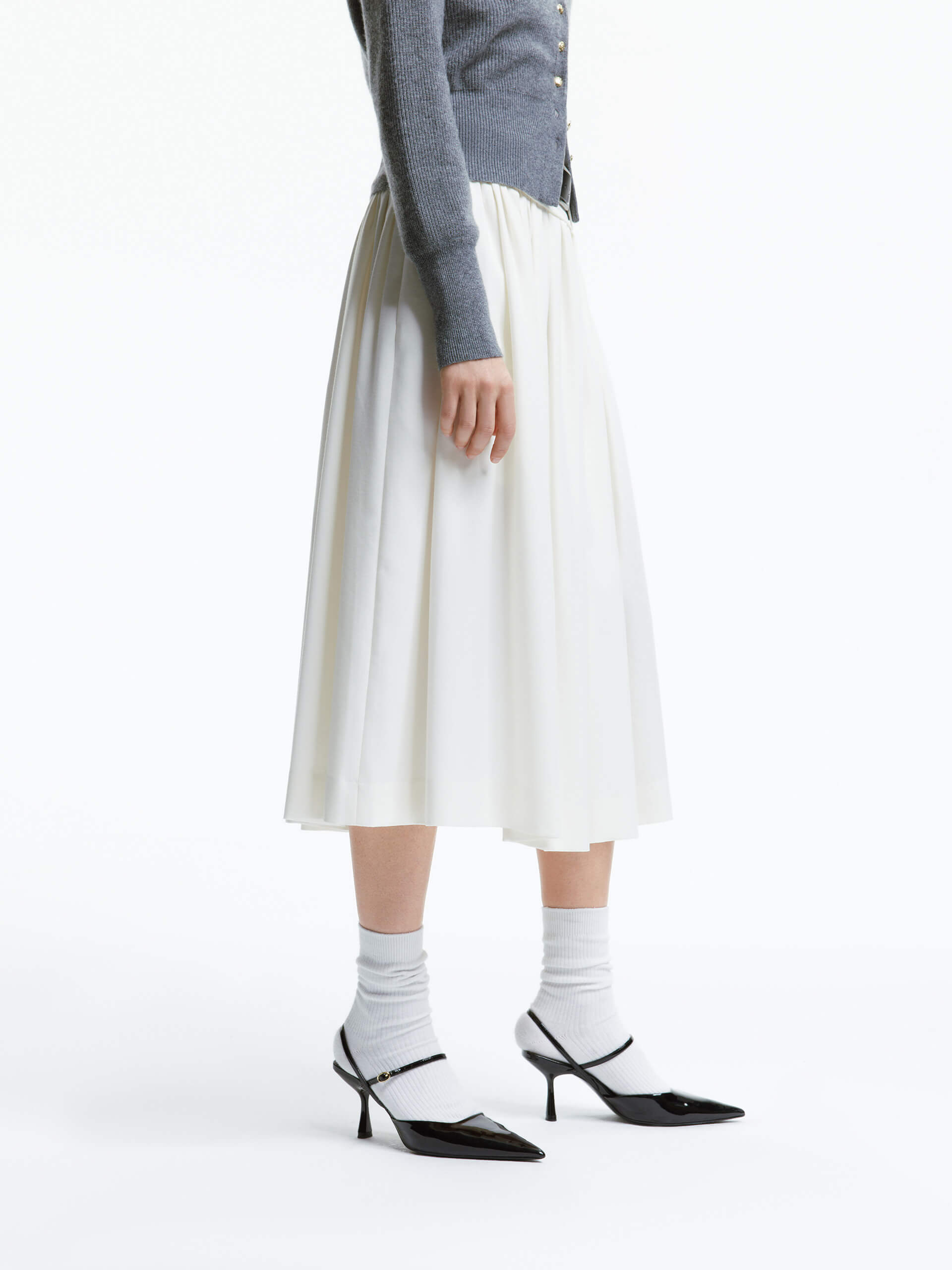 MO&Co. Women's A-line Pleated Midi Skirt with Belt Side Pockets in White