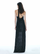 MO&Co. Noir Women's Fringed Detail Maxi Spaghetti Evening Dress Black