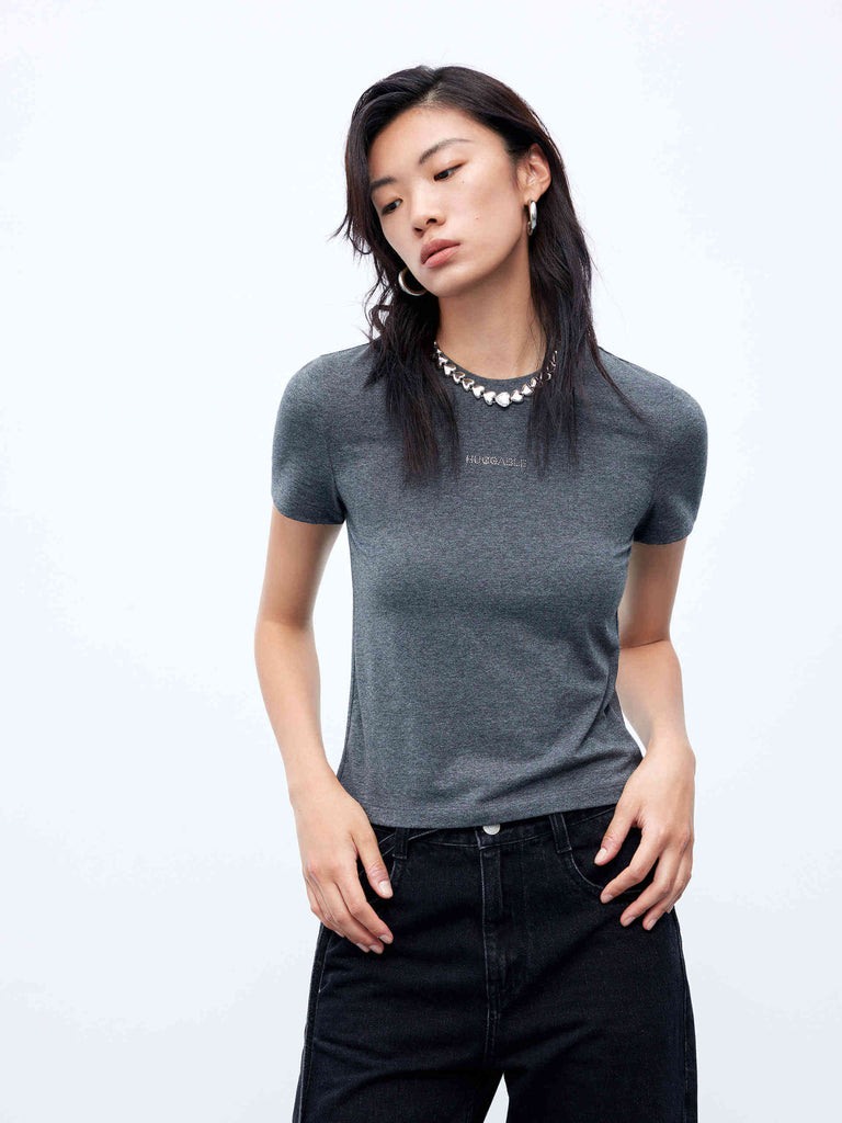 MO&Co. Women's The Clean Simple Slim Crew Neck T-shirt with Rhinestone Detail in Grey