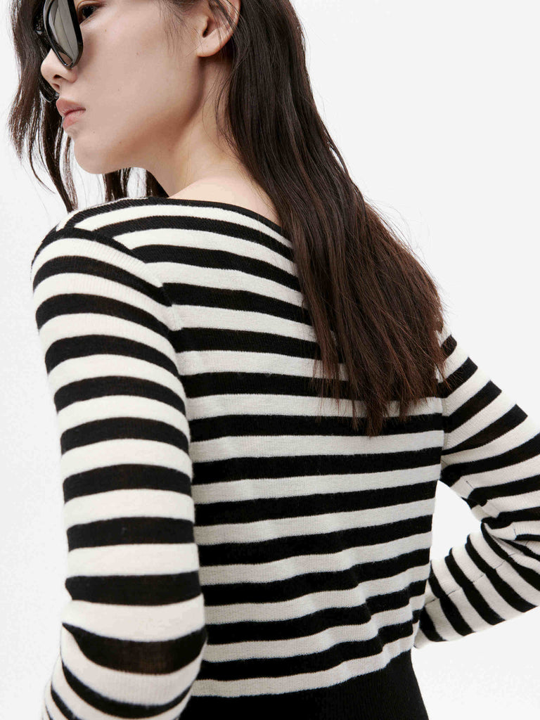 MO&Co. Women's 100% Wool Black and White Striped Cropped Cardigan with Spaghett