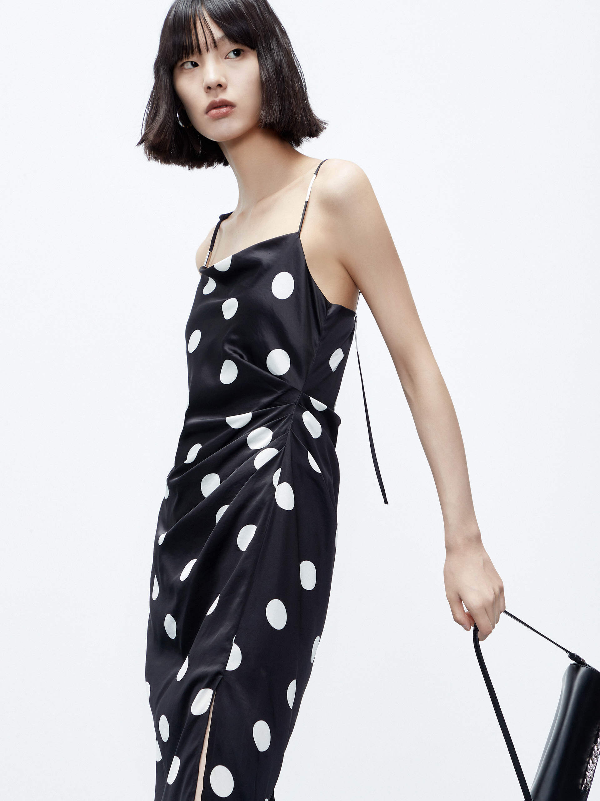 MO&Co. Women's Silk Blend Pleated Cami Dress in Black and White Polka Dot