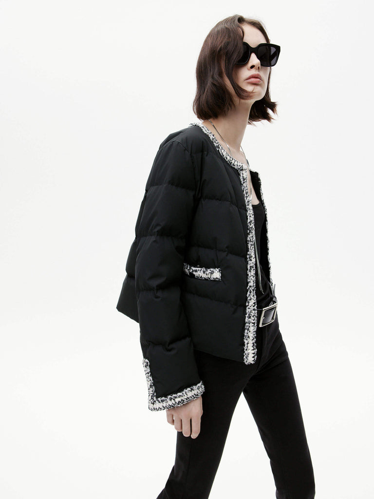MO&Co. Women's Crochet Details Collarless Puffer Jacket in Black