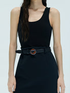 MO&Co. X Coperni Collection | Women's Belted Asymmetric Sleeveless Paneled Dress