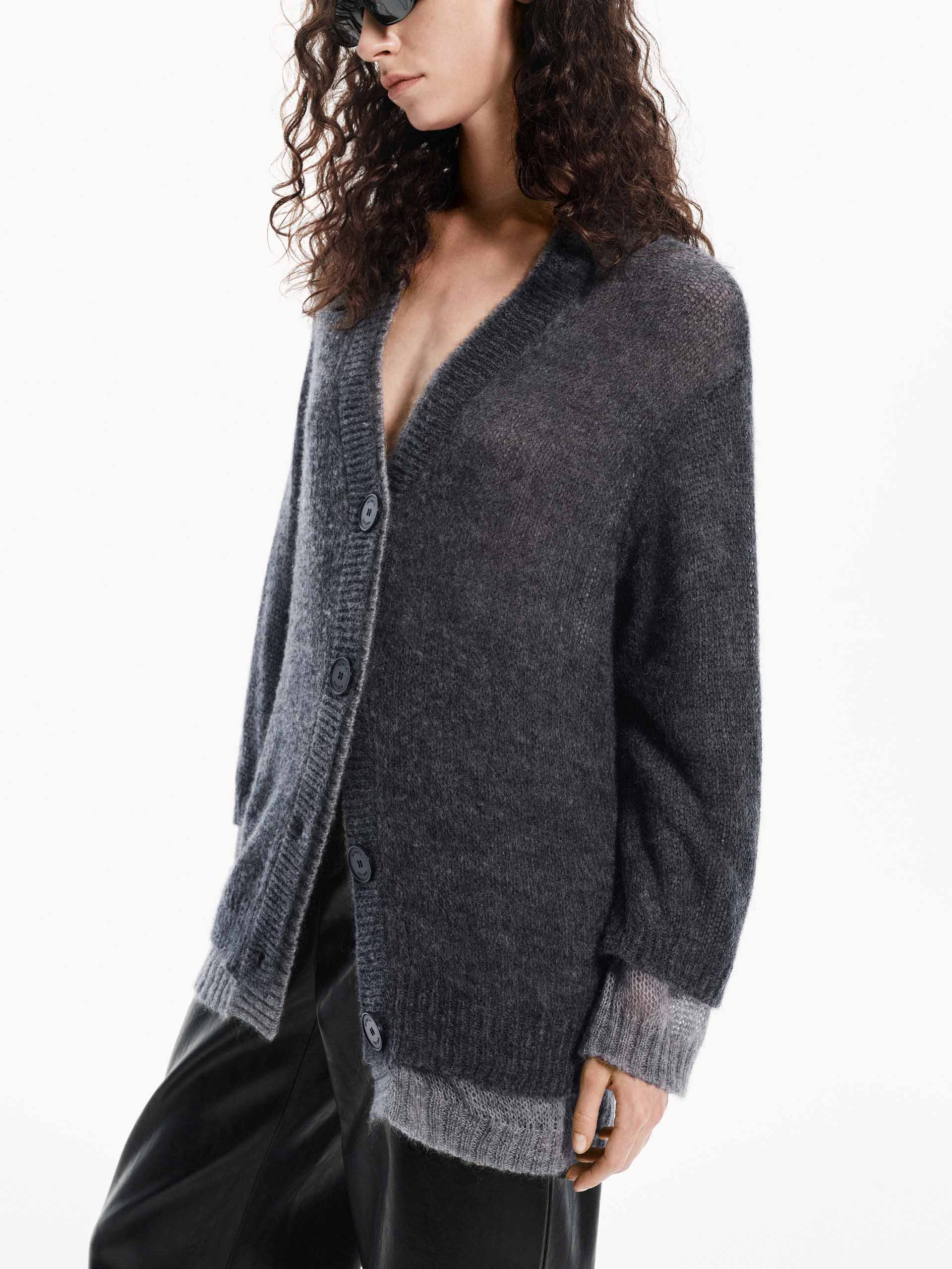 MO&Co. Women's V Neck Brushed Mohair Blend Layer Loose Cardigan in Grey