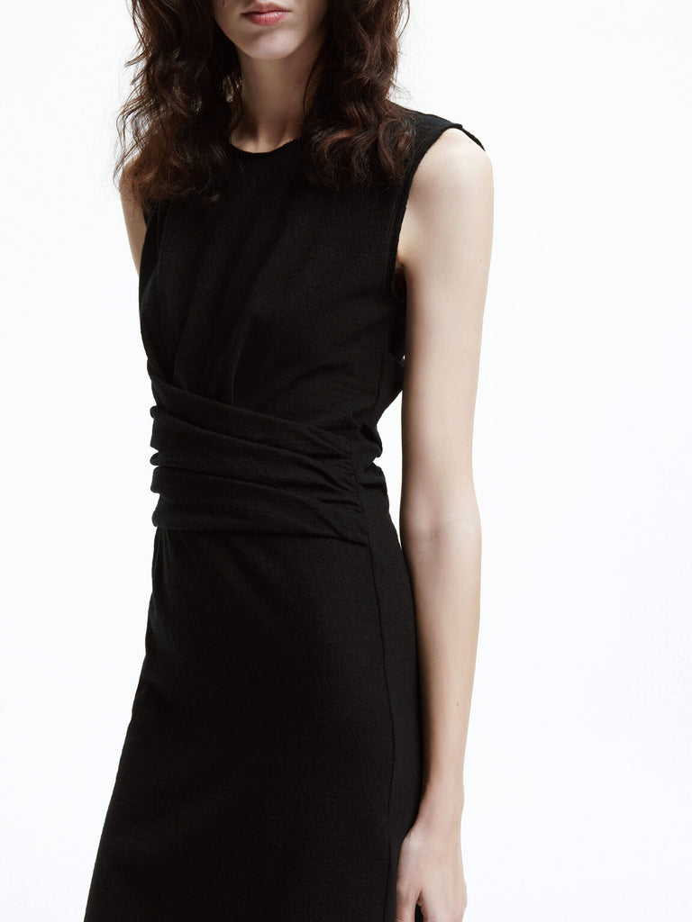 MO&Co. Women's Wool Sleeveless Pleated Detail Mini Dress in Black