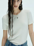 MO&Co. X Coperni Collection | Women's Round Neck White Knitted T-shirt with Metallic Logo