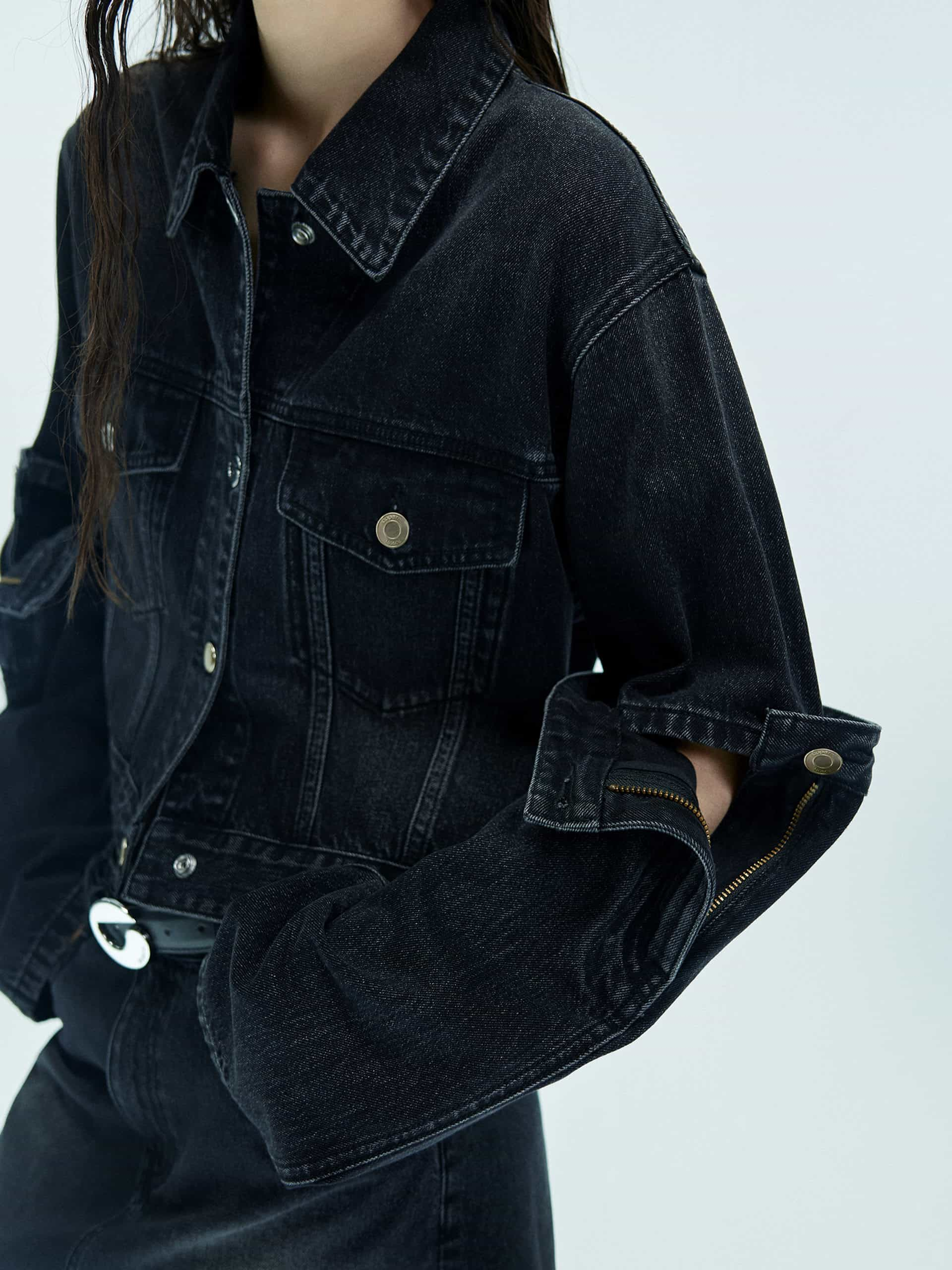 MO&Co. X Coperni Collection | Women's Paneled Open Elbow Black Denim Jacket