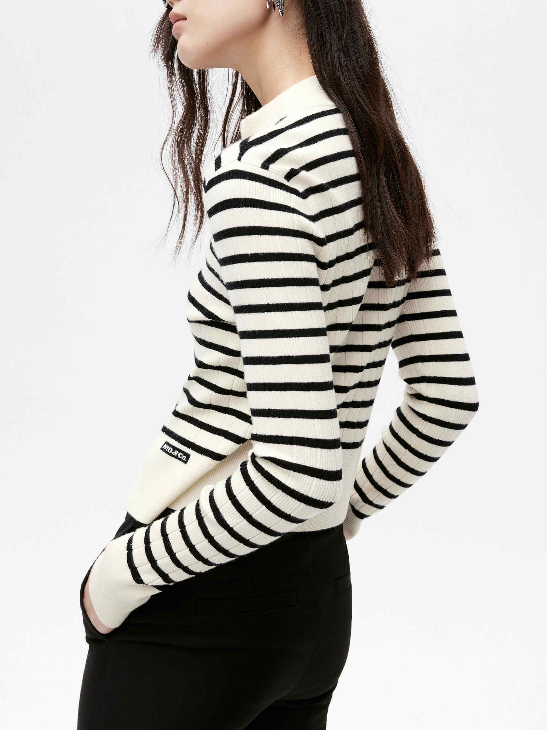 MO&Co. Women's Zip Up Wool Blend Slim Fit Knitted Cardigan in Black and White Striped