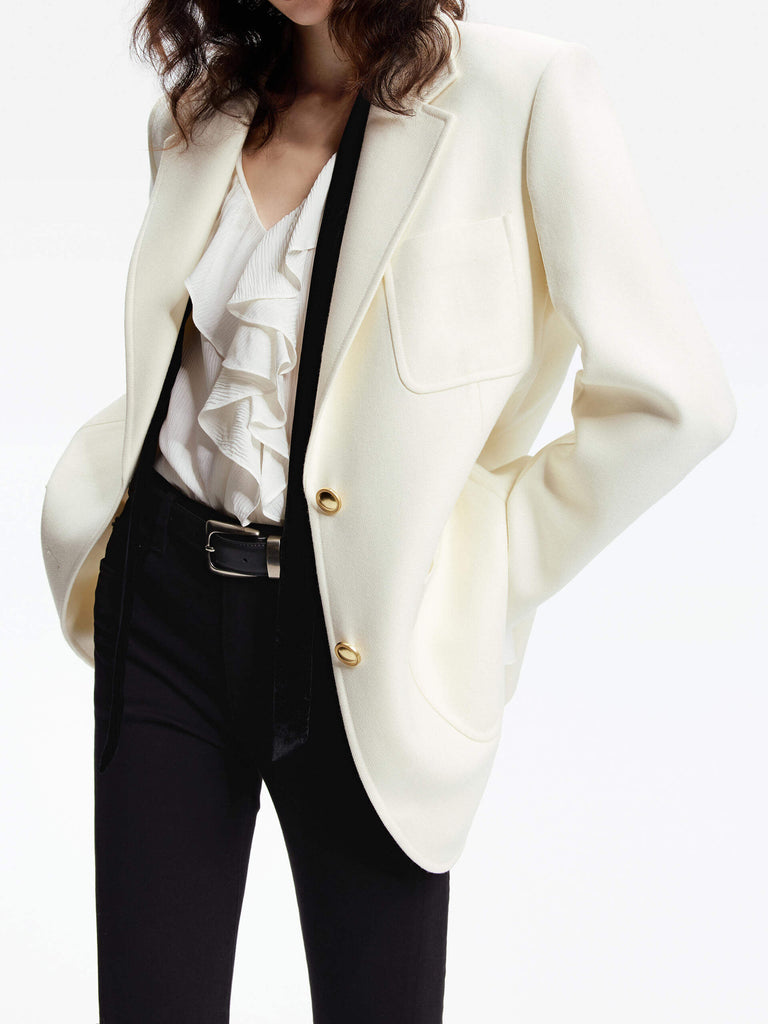 MO&Co. Women's Single Breasted Wool Blend Textured Tailored Blazer in Cream with multi pockets