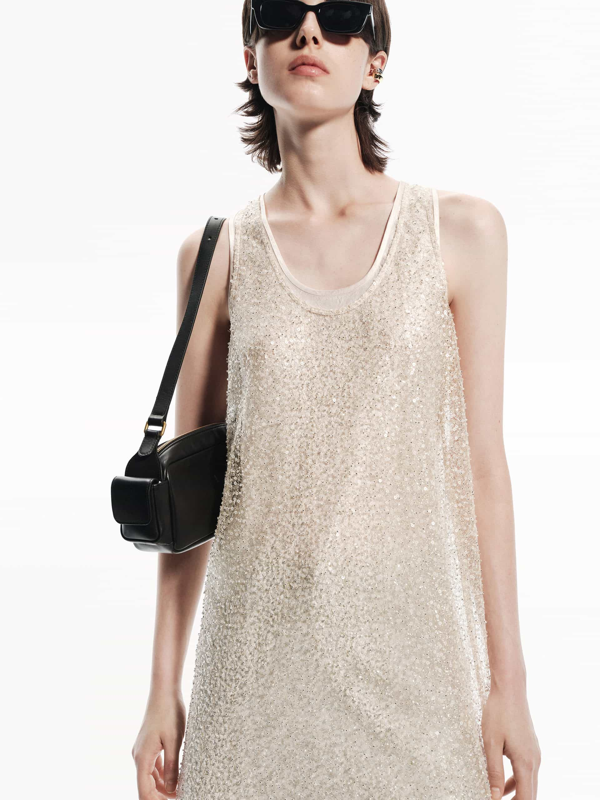 MO&Co. Women's Layered Detail Mini Sequin Dress in Champagne