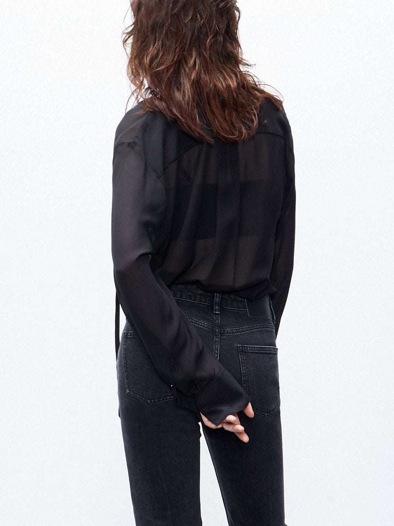 MO&Co. Women's Black Tie Neck Long Sleeve Mulberry Silk Shirt
