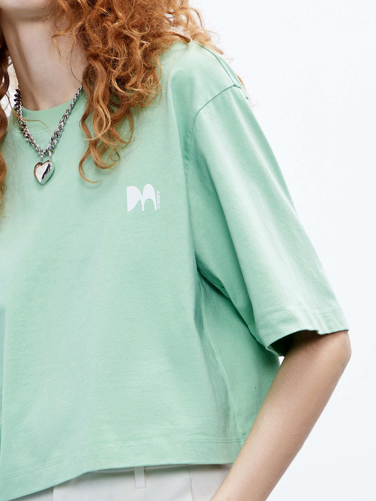 MO&Co. Women's Green Crew Neck Crop Boxy Cotton T-shirt